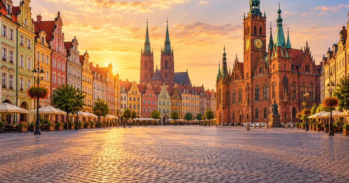 Illustration of colourful tenement houses around a Polish old-town market square