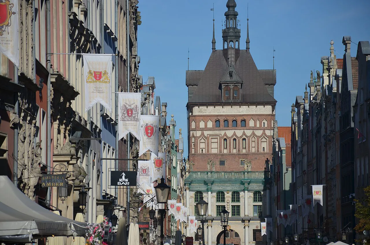 Gabled houses and a tower on Long Market in Gdańsk.