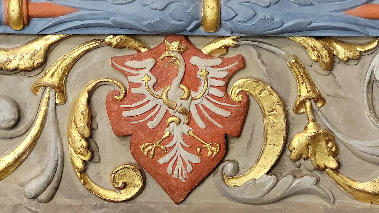 Detail of the tiled stove in Artus Court in Gdańsk, decorated with the Polish eagle.