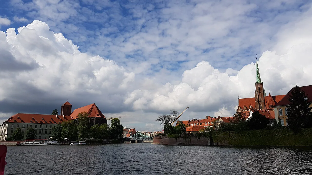 Ostrów Tumski and Tumski Bridge seen from Piotr Włostowic Boulevard in Wrocław.