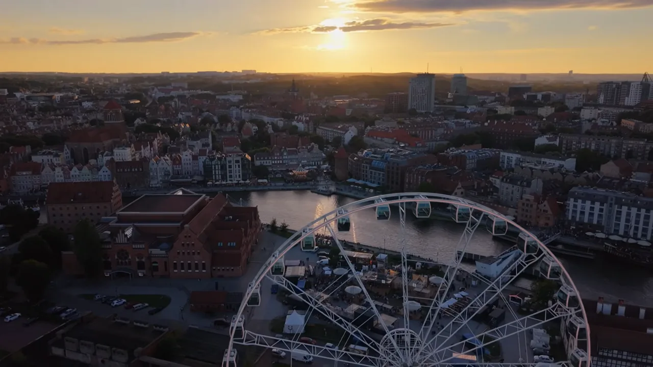 Sunset over Gdańsk's Main Town and the Motława, seen from above the riverside Ferris wheel.