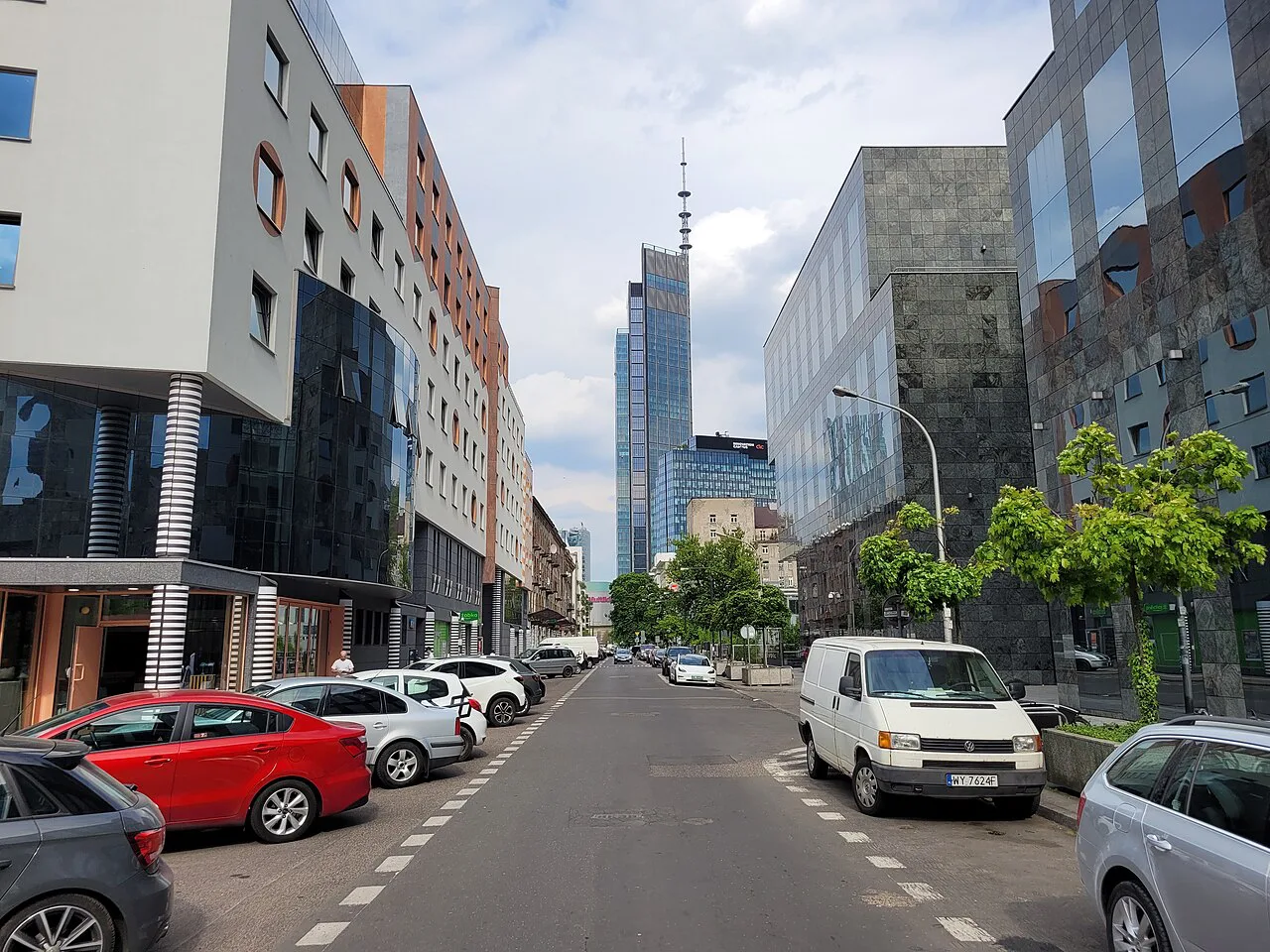 Chmielna Street in Warsaw, looking east towards Varso Tower.