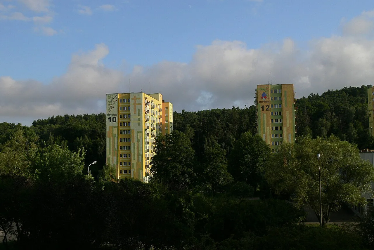 Apartment blocks rising above the woods in Brodwino, Sopot.