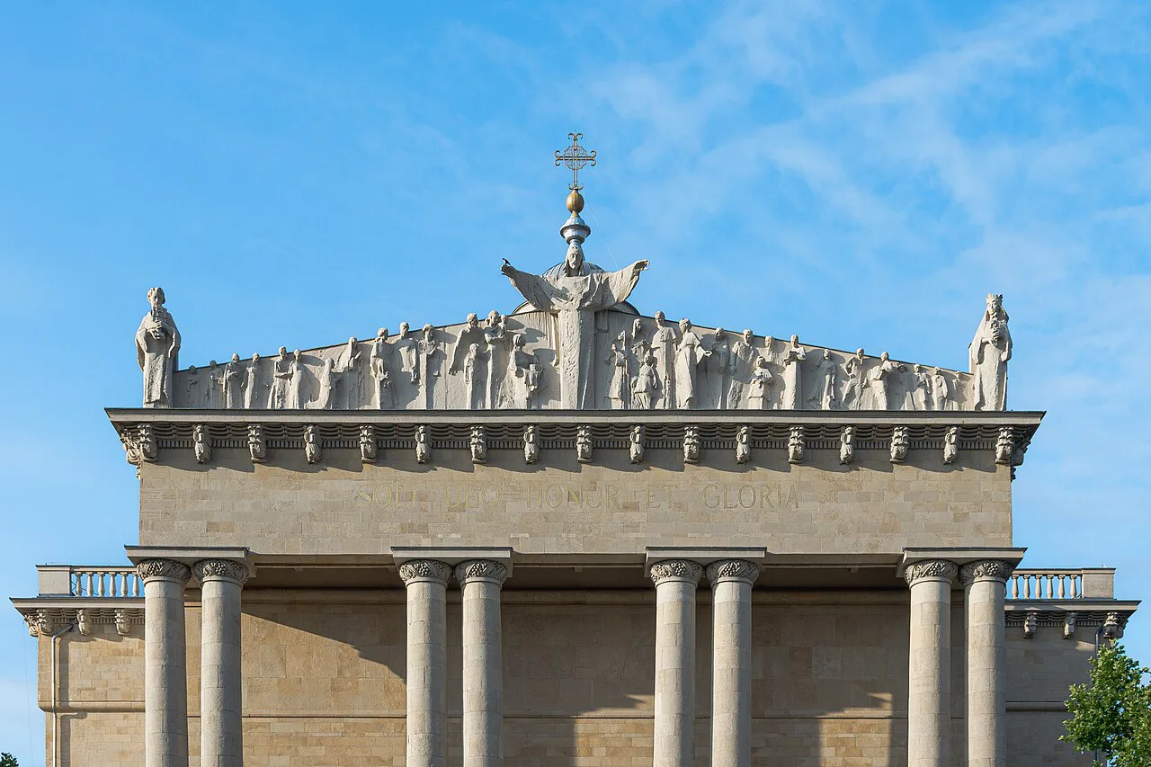 The tympanum above the entrance of the Cathedral of Christ the King in Katowice.