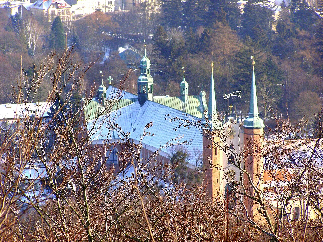 Oliwa Cathedral seen from the observation tower on Pachołek Hill in Gdańsk.