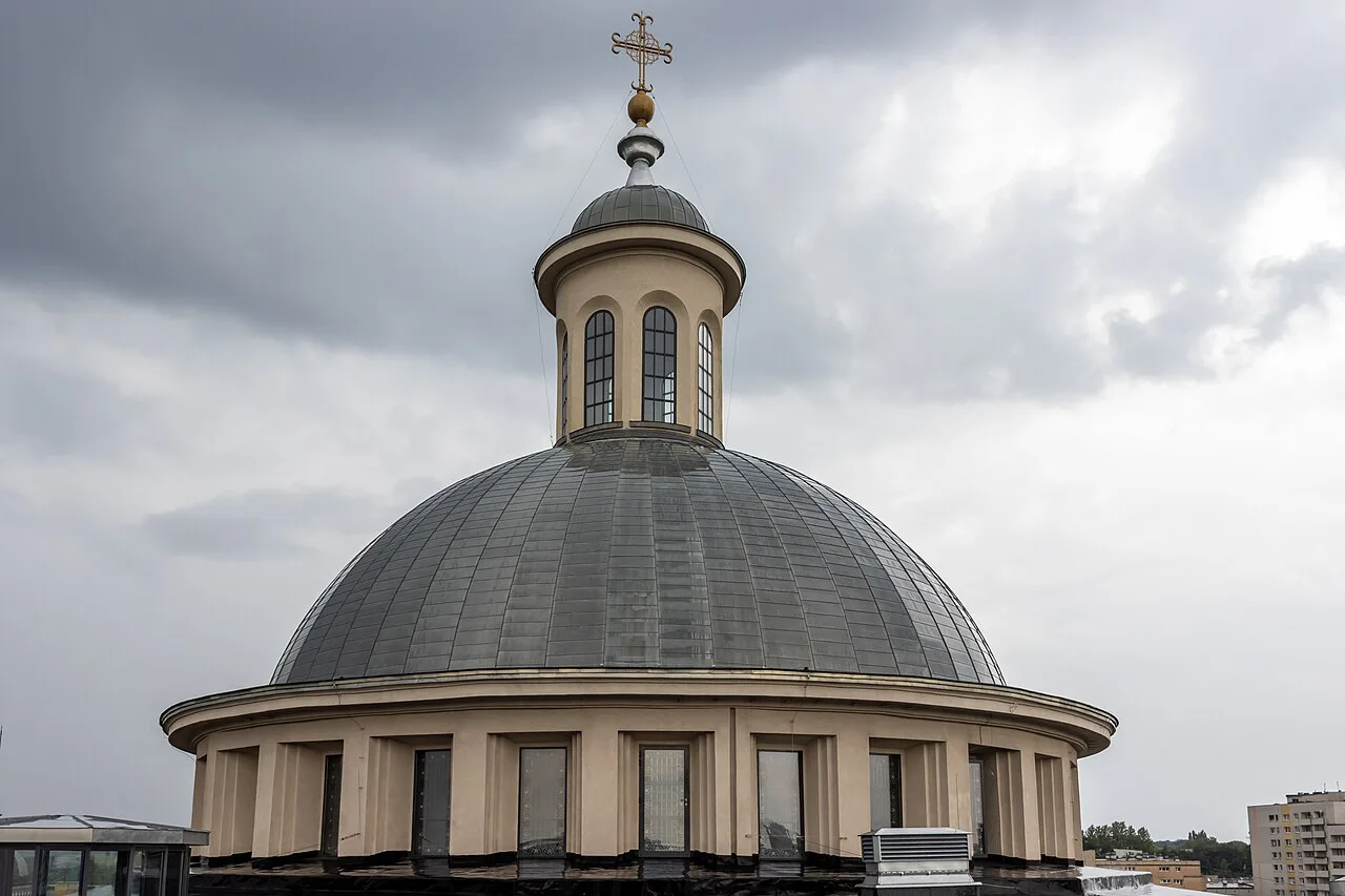 The dome of Katowice Cathedral seen from its observation deck.