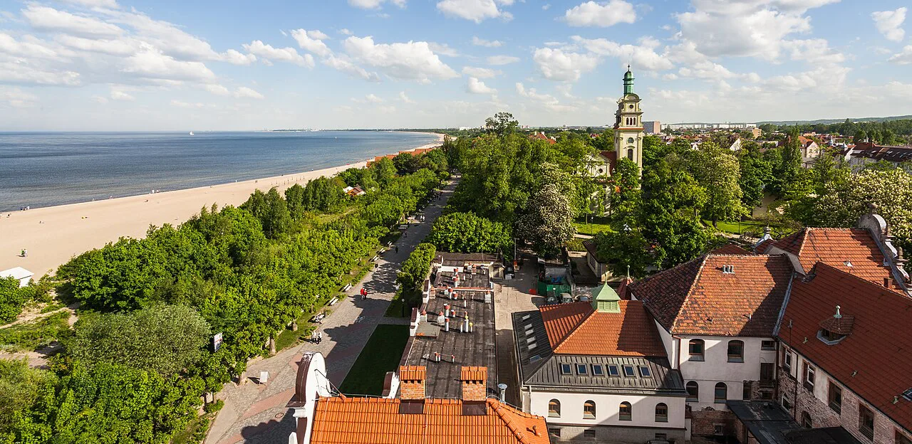 Sopot's Lutheran church tower above the town and the beach.