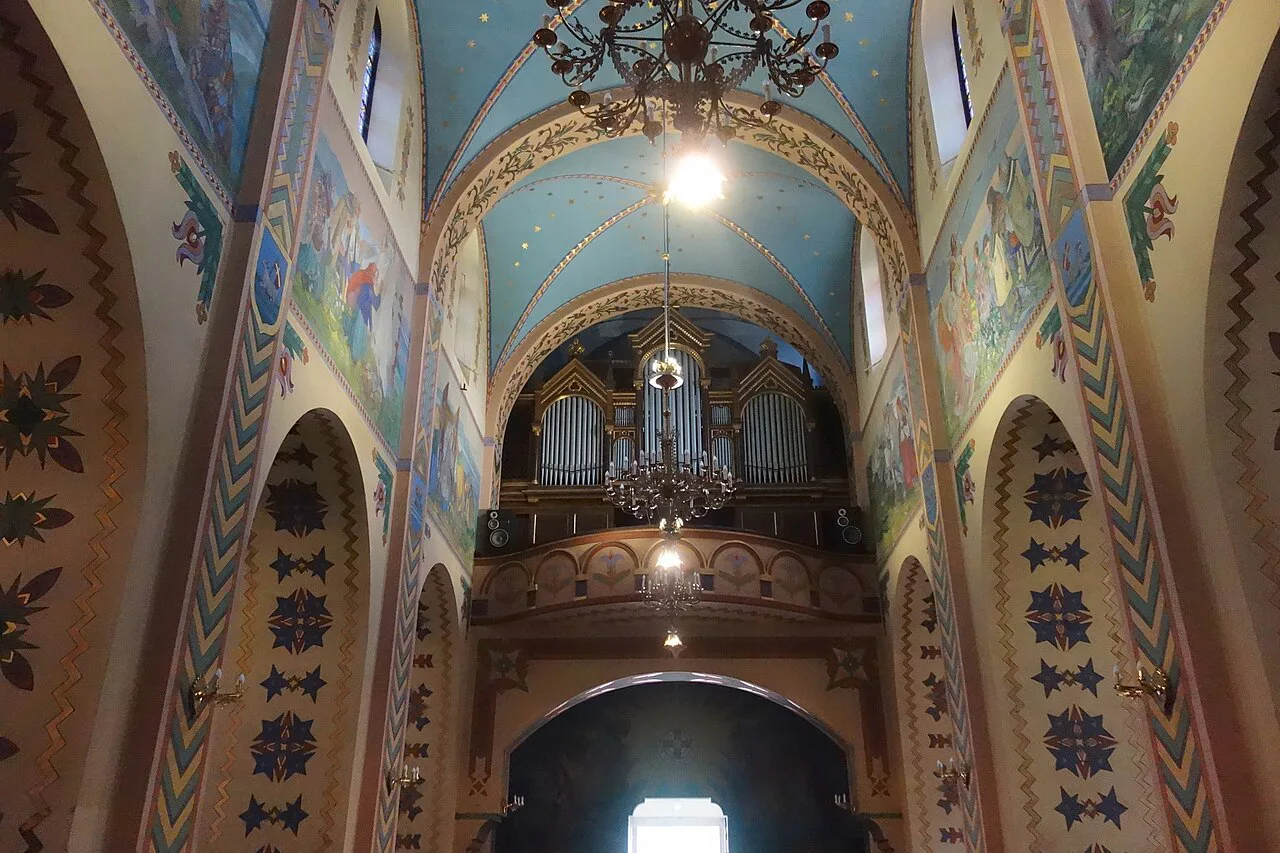 The painted vaults and organ of the Holy Family Church in Zakopane.