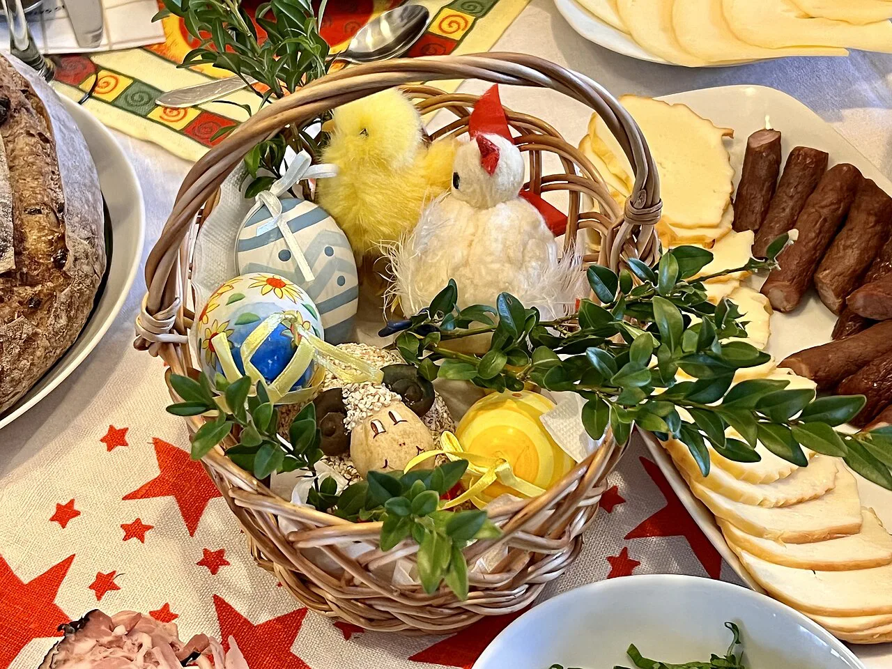 A blessed Easter basket on a Polish Easter breakfast table.