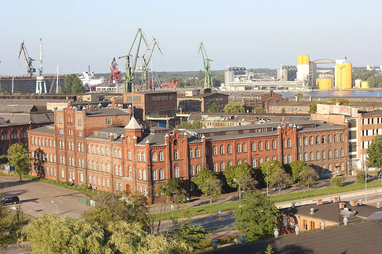 View over the Gdańsk Shipyard from the European Solidarity Centre terrace.