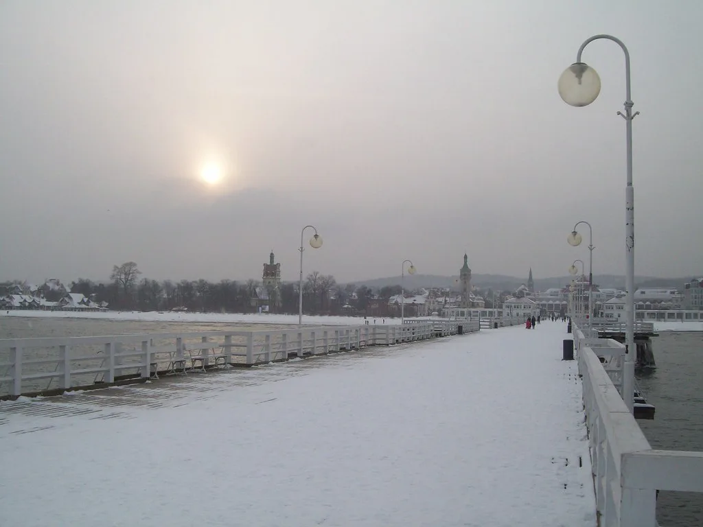 Sopot Pier on a misty winter day.