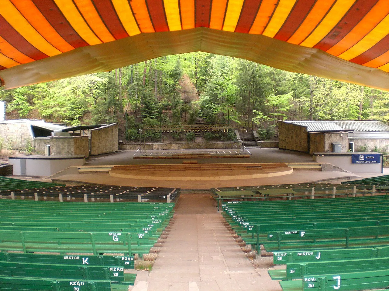 The stage and benches of the Forest Opera in Sopot.