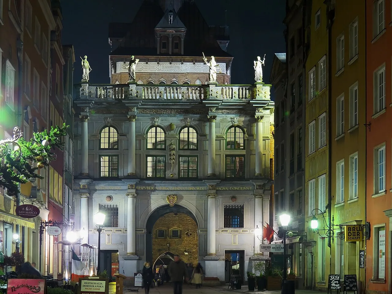 The Golden Gate in Gdańsk at night.