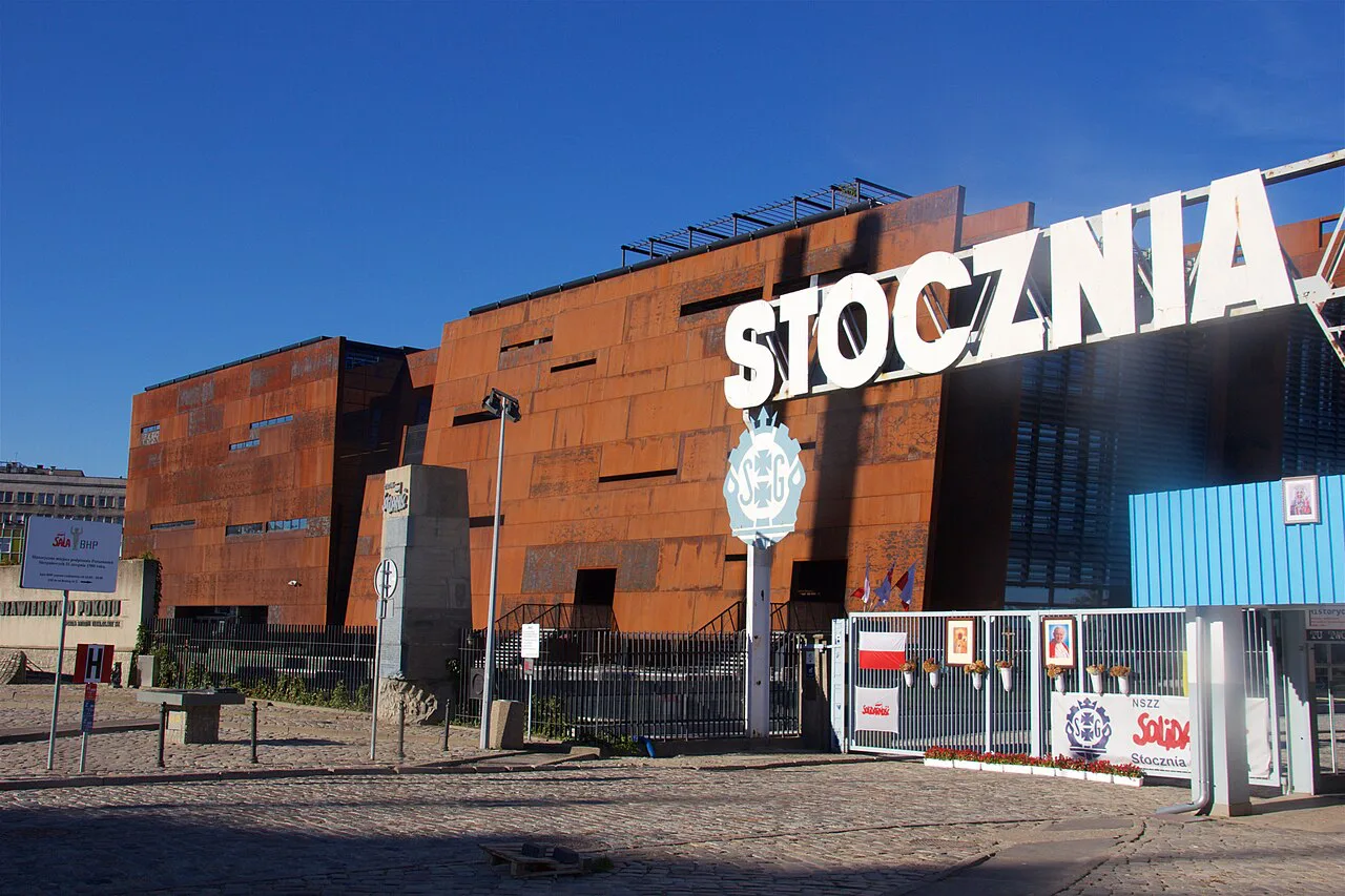 The European Solidarity Centre beside the Gdańsk Shipyard sign.
