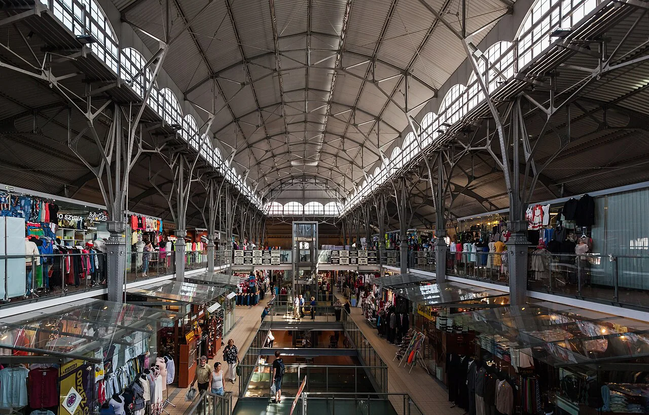 Stalls under the iron roof of the Market Hall in Gdańsk.