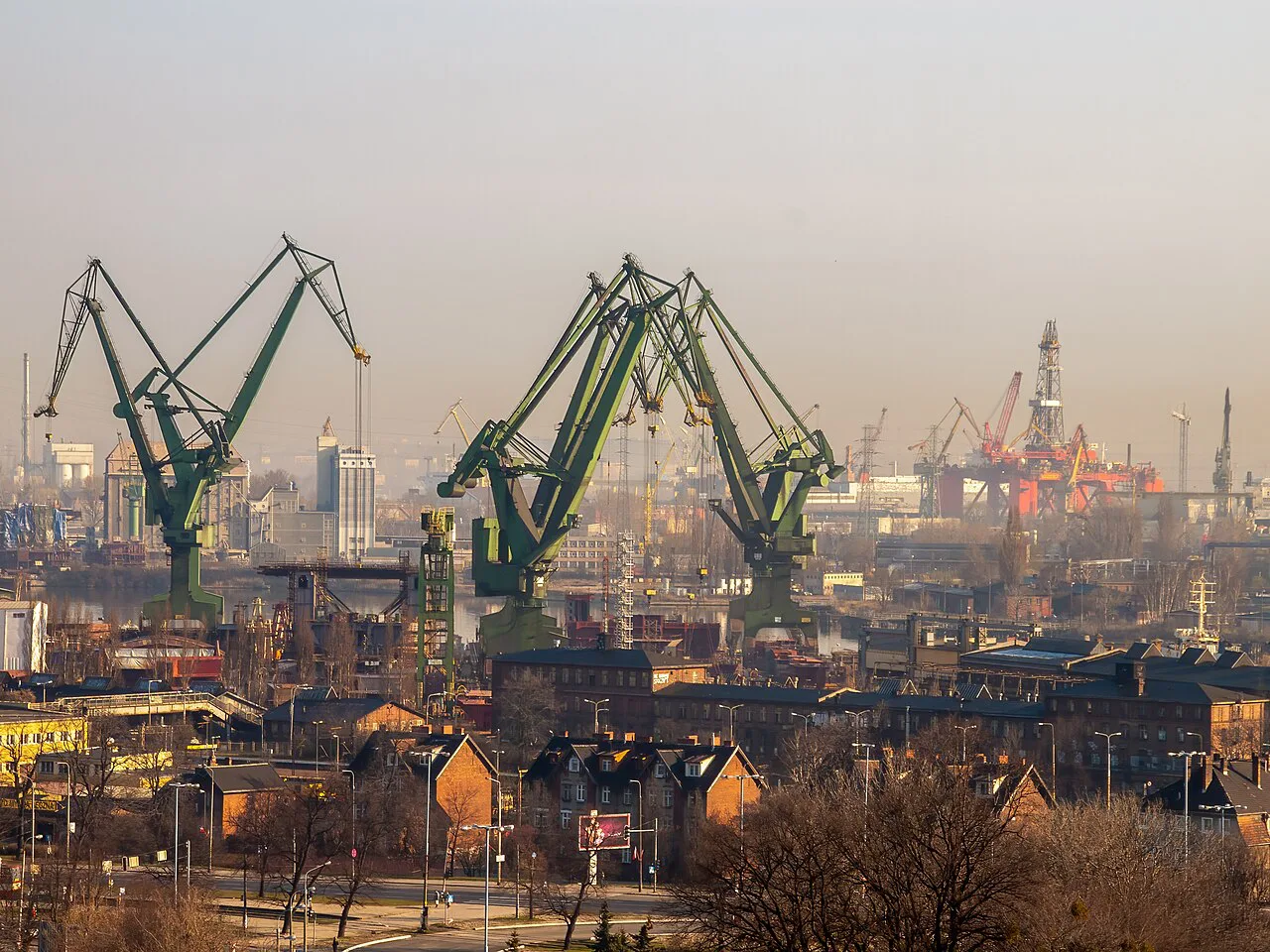 The Gdańsk Shipyard cranes seen from the Millennium Cross.