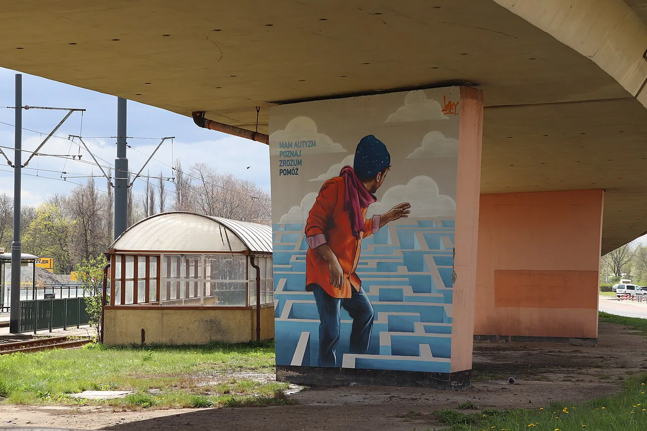 The "I am autistic" mural by Looney under a flyover in Gdańsk.