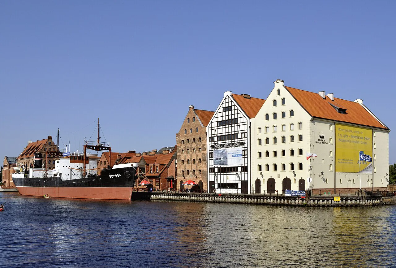 SS Sołdek moored by the Central Maritime Museum granaries on the Motława in Gdańsk.