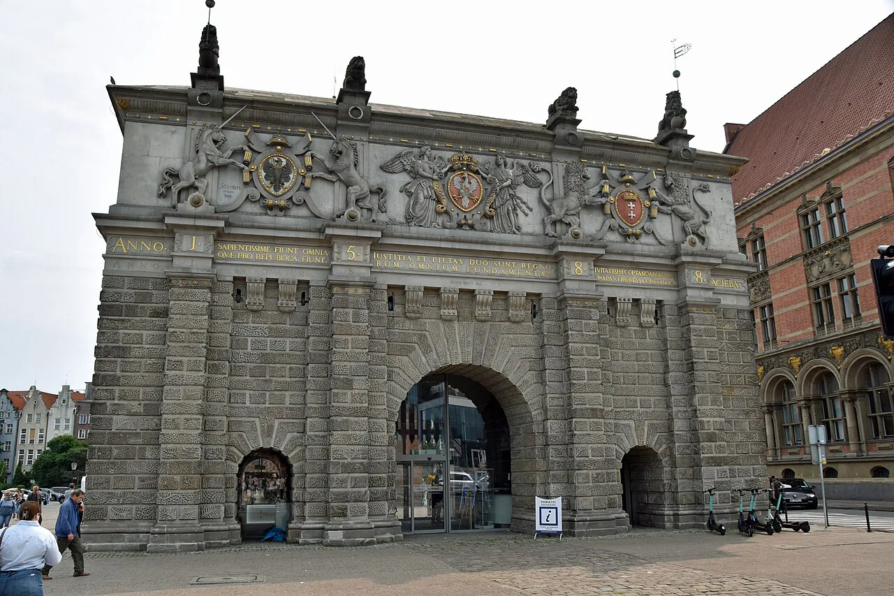 The carved facade of the Highland Gate in Gdańsk.