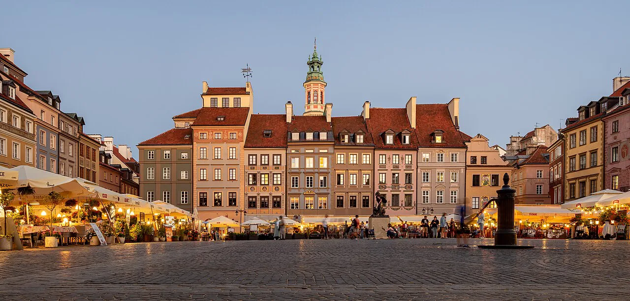 Panorama of Warsaw's Old Town Market Square.