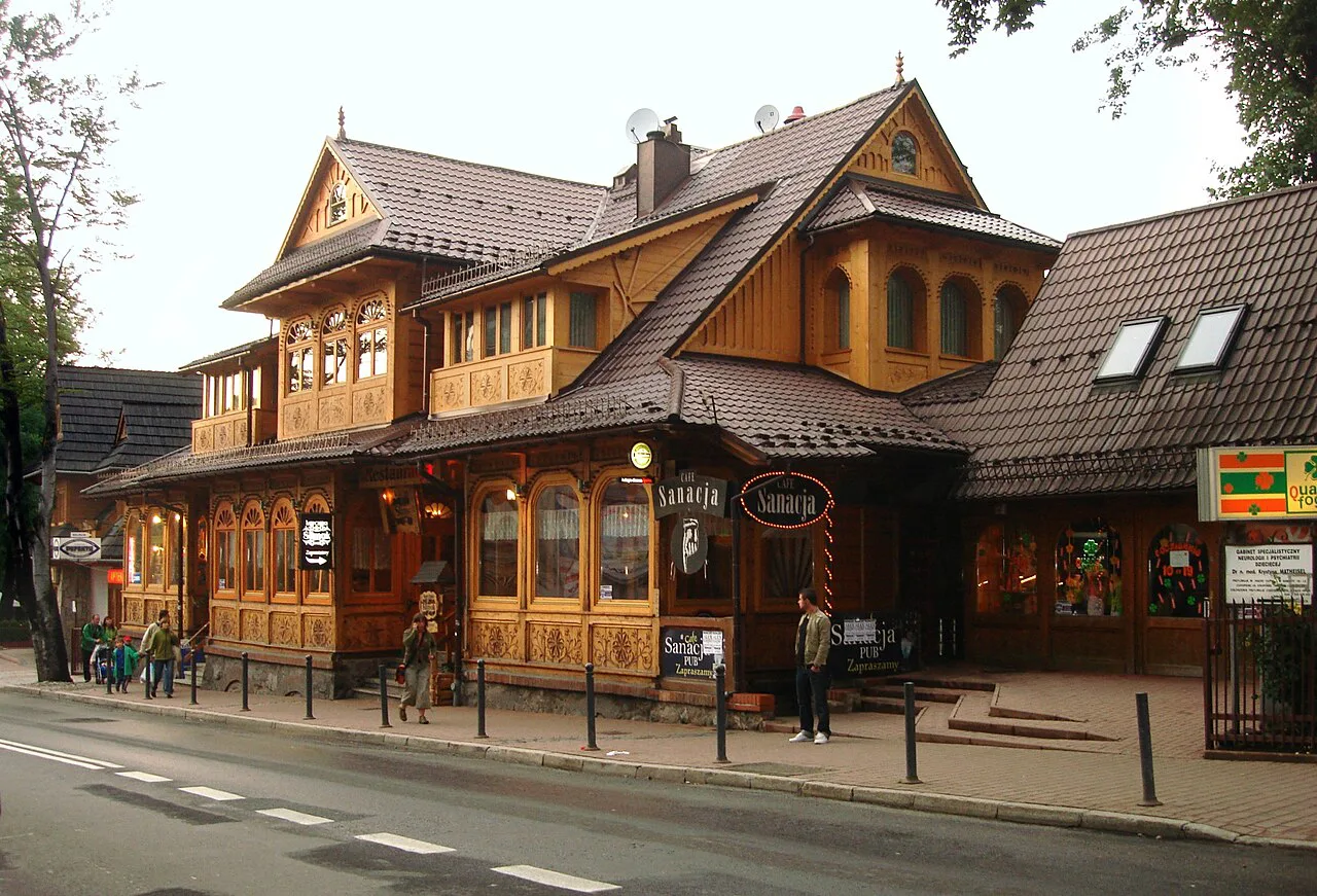 A wooden building at Krupówki 77 in Zakopane.