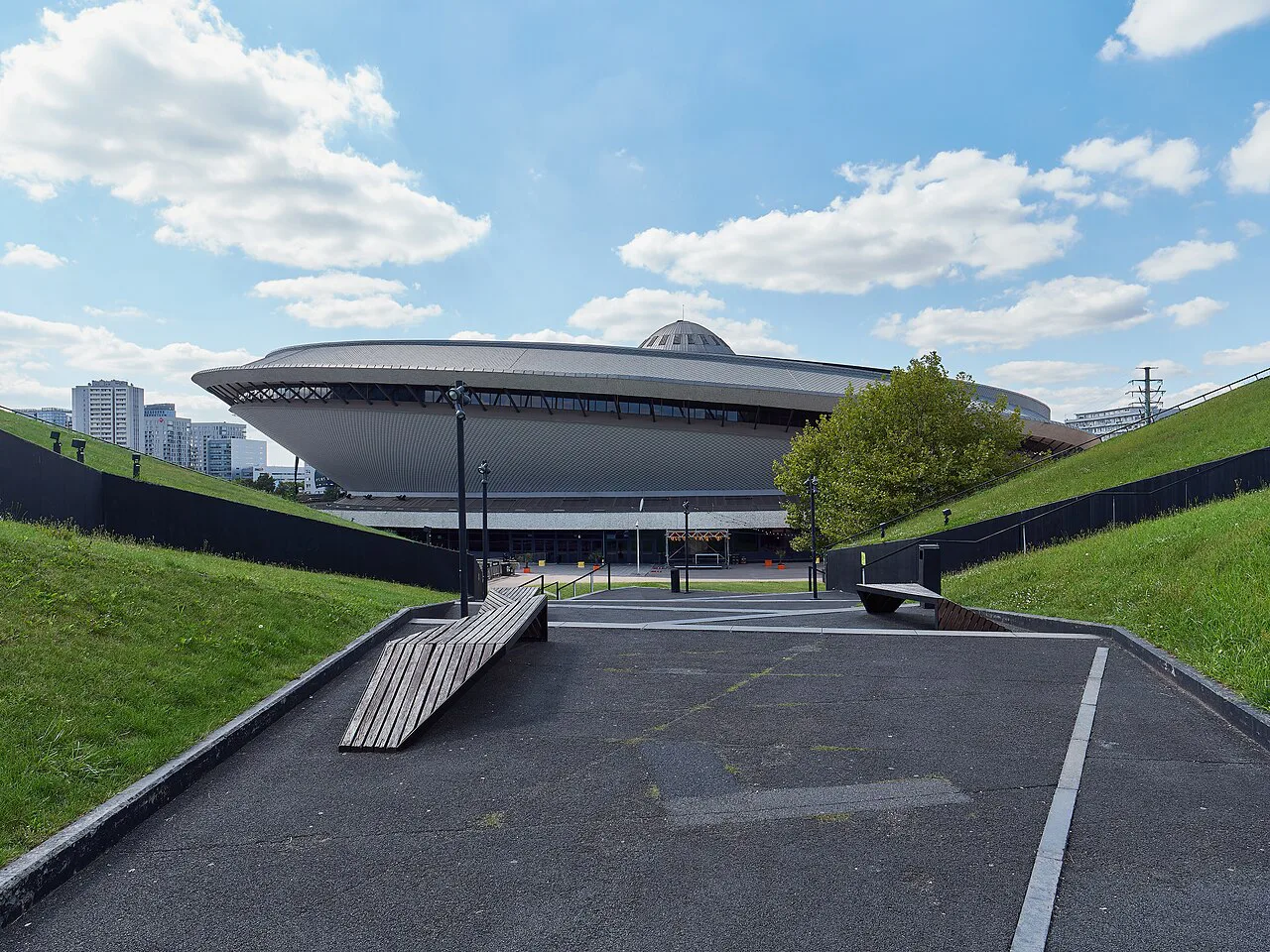 The Spodek arena seen from the grassy walkway of the International Congress Centre in Katowice.