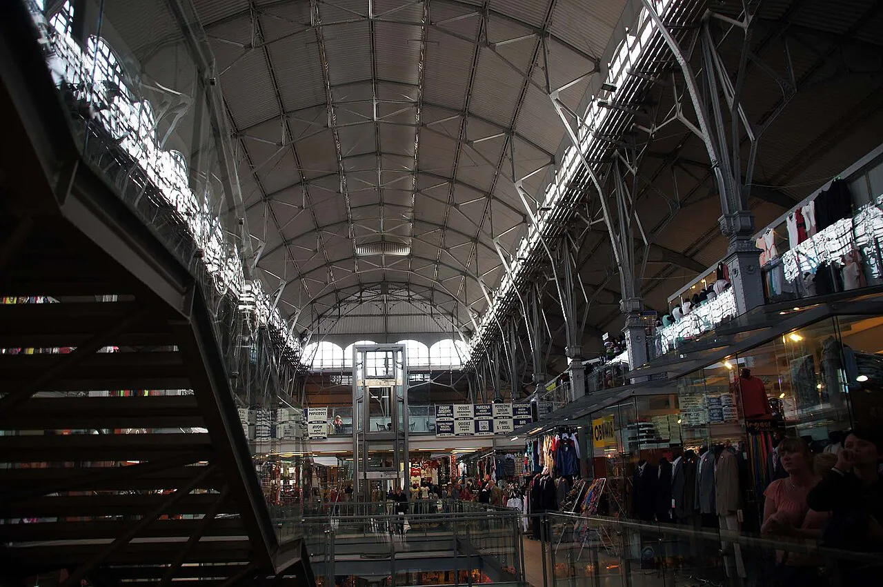 Stalls under the iron roof of the Market Hall in Gdańsk.