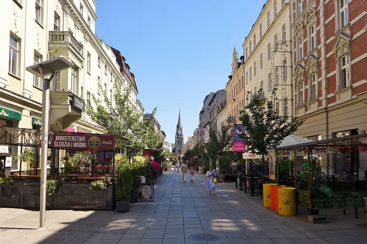 Mariacka Street in Katowice, with St Mary's Church in the background.