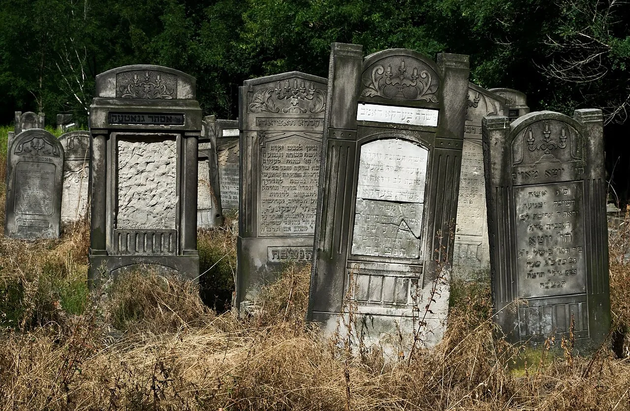 Weathered gravestones at the New Jewish Cemetery in Łódź.