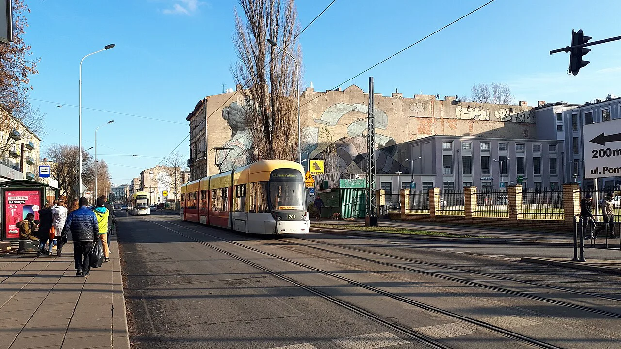 A tram on Pomorska Street in Łódź.