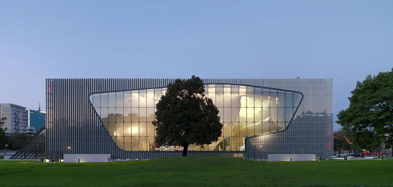 The POLIN Museum of the History of Polish Jews seen from Karmelicka Street in Warsaw.