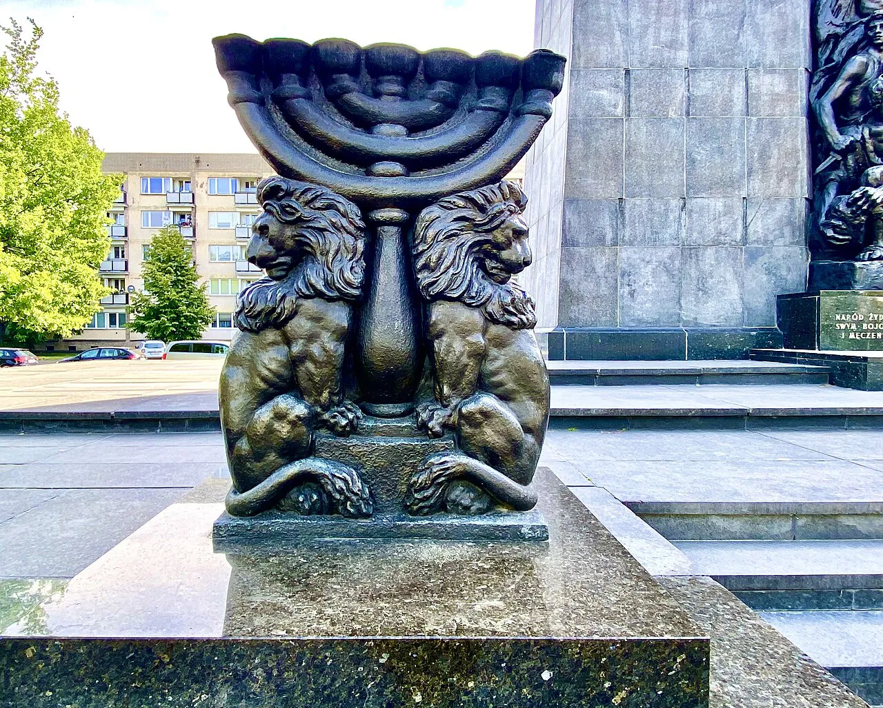 A menorah sculpture outside the POLIN Museum, in front of the Ghetto Uprising memorial in Warsaw.