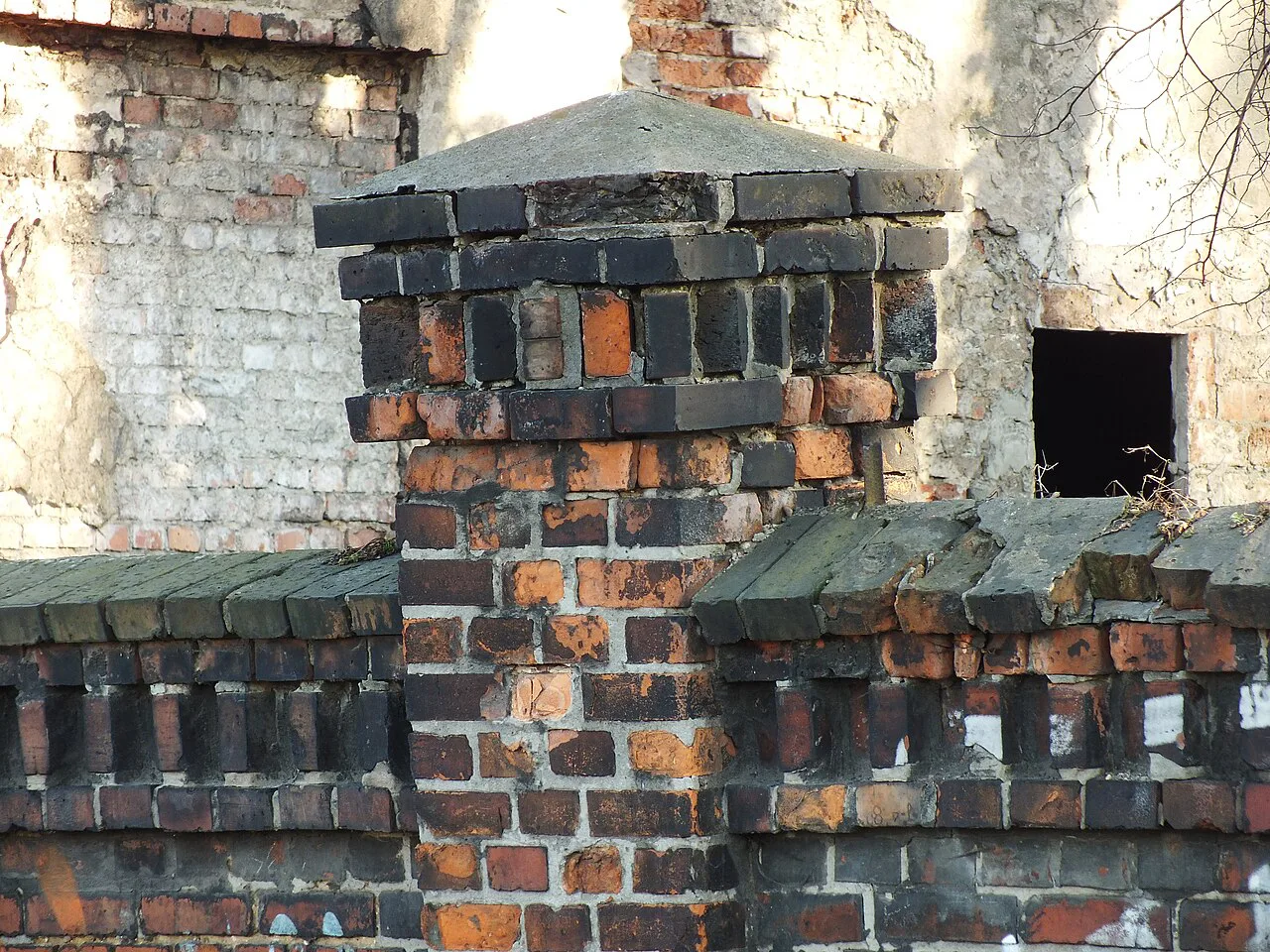 A brick pillar of the wall around the Jewish cemetery on Kozielska Street in Katowice.