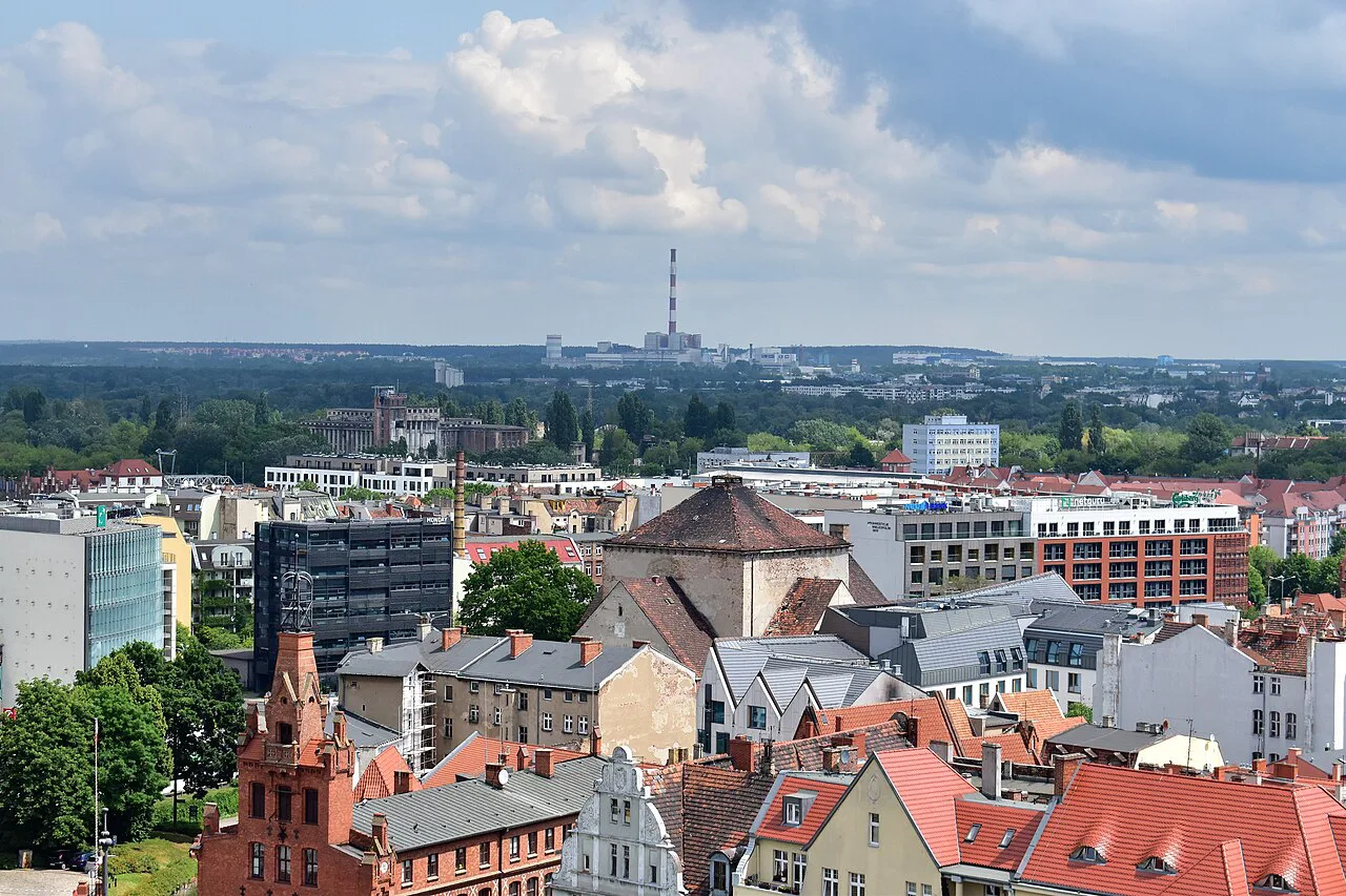 View from the Royal Castle tower in Poznań towards the former New Synagogue.