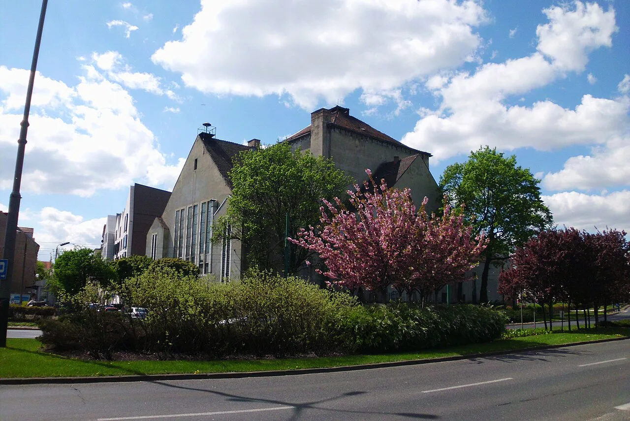 The former New Synagogue in Poznań behind trees in blossom.