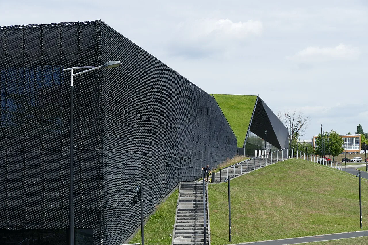 The International Congress Centre in Katowice with its sloping green roof.