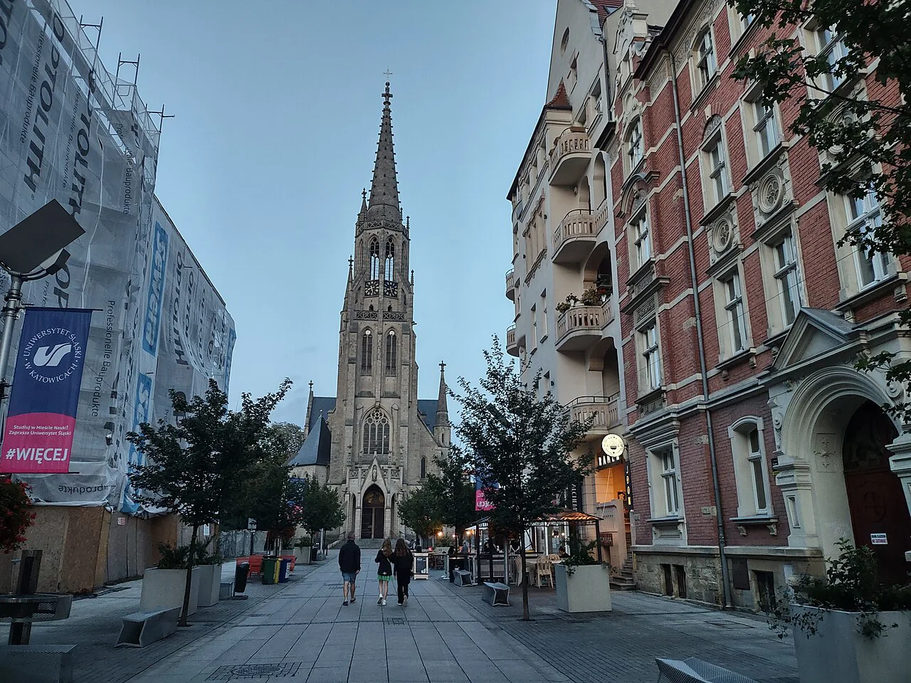 St Mary's Church in Katowice at the end of a city street.