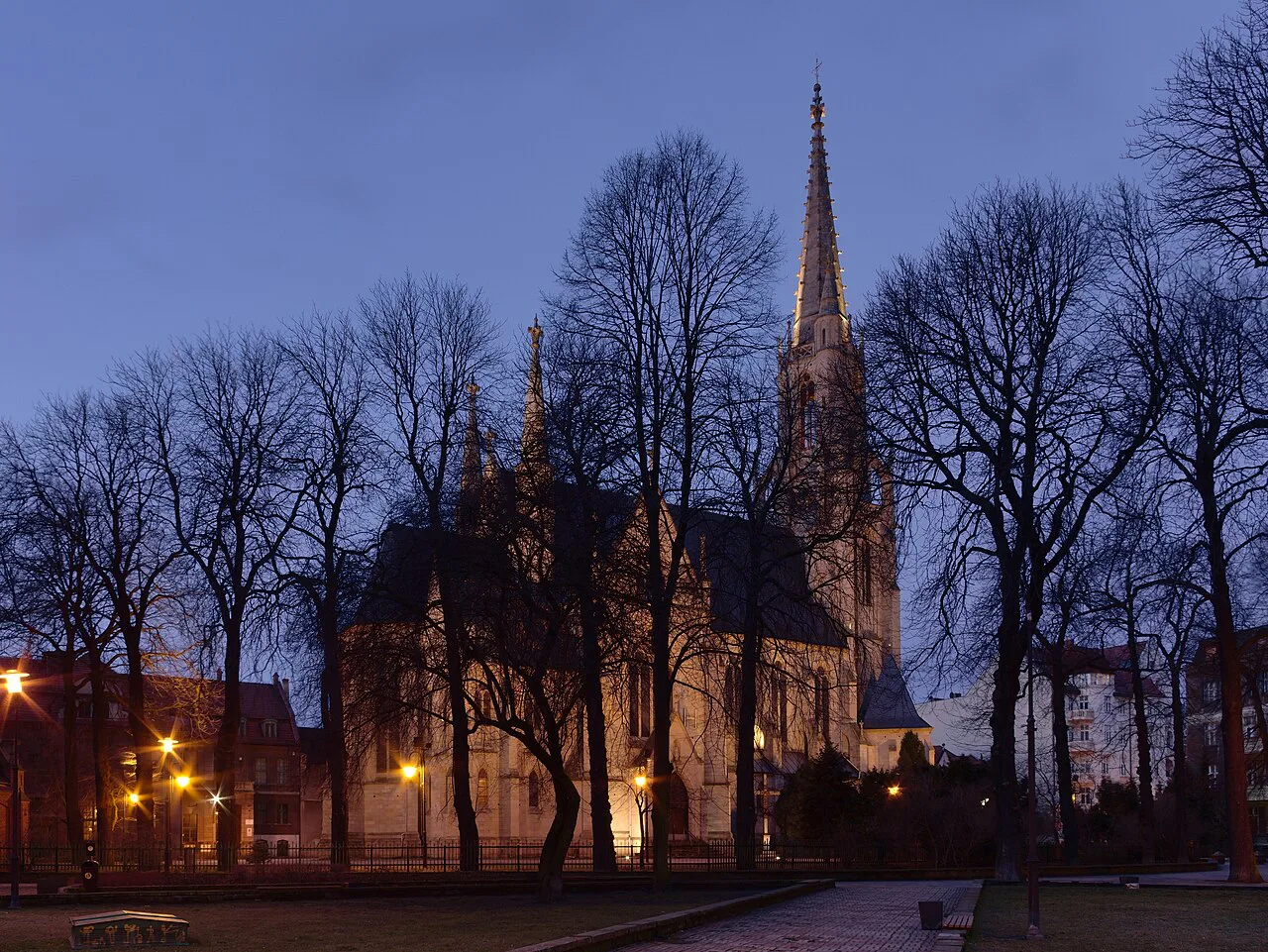 St Mary's Church in Katowice at night.