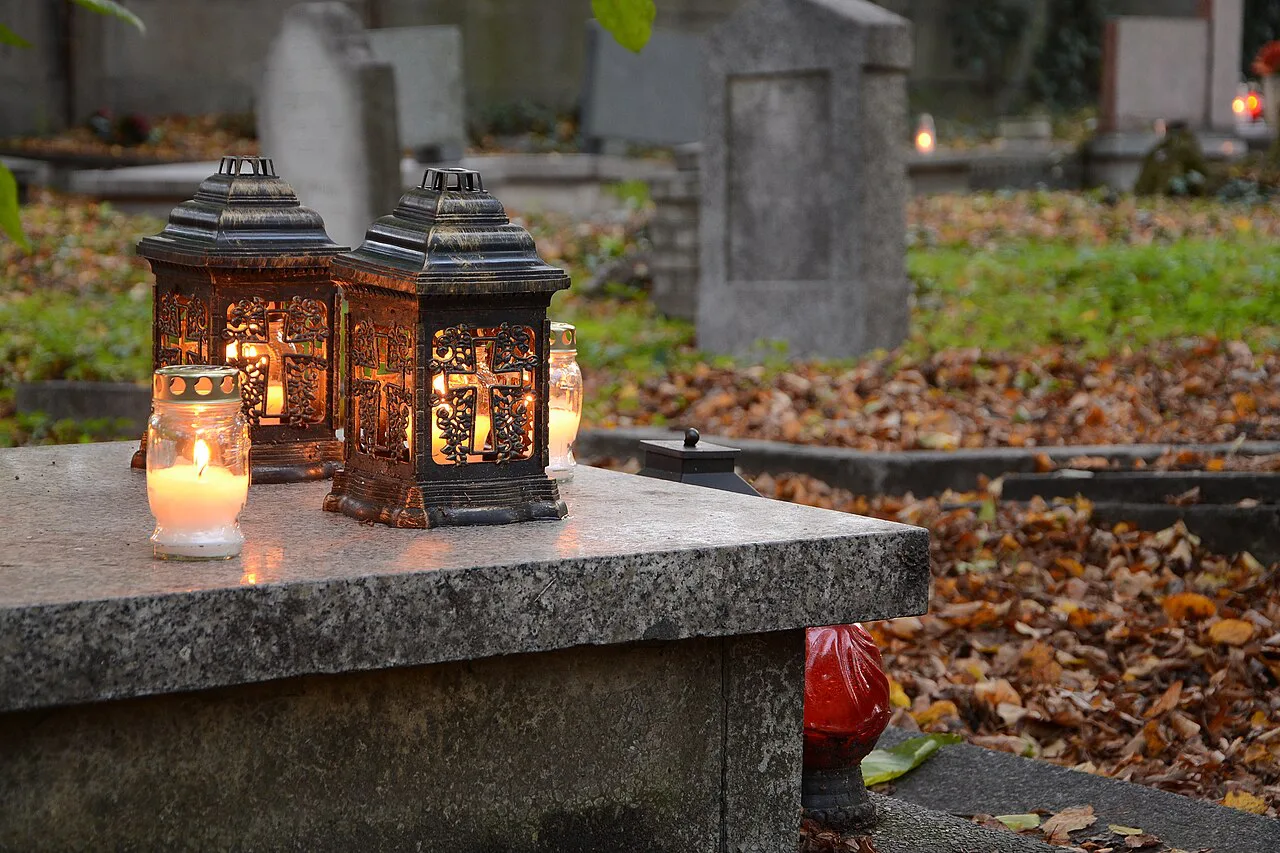 Grave lanterns at the Jewish Cemetery in Katowice.