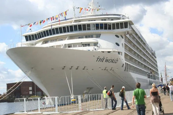 The cruise ship The World moored at Łasztownia in Szczecin.