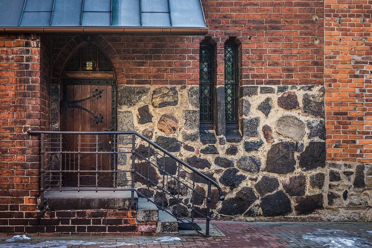 Brick and stone detail of St Anne's Church in Łazarz, Poznań.