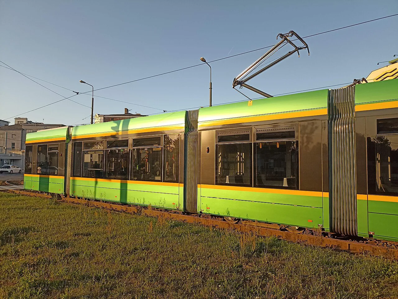 A Combino tram at the Starołęka terminus in Poznań.