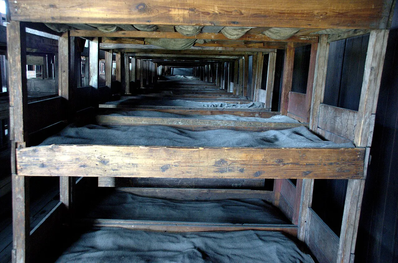Prisoners' bunks in a barrack at the Majdanek State Museum.