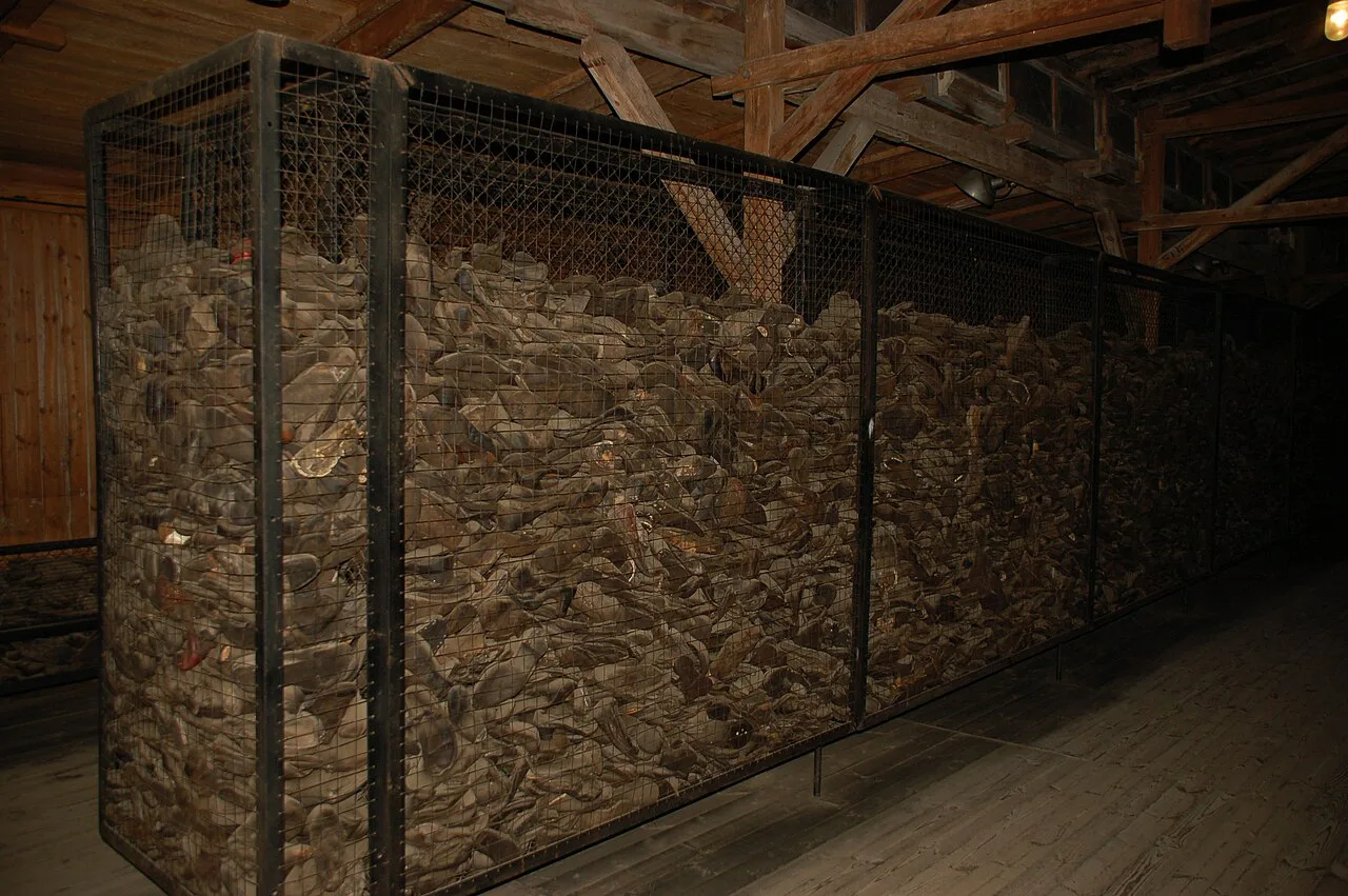Prisoners' shoes displayed at the Majdanek State Museum.