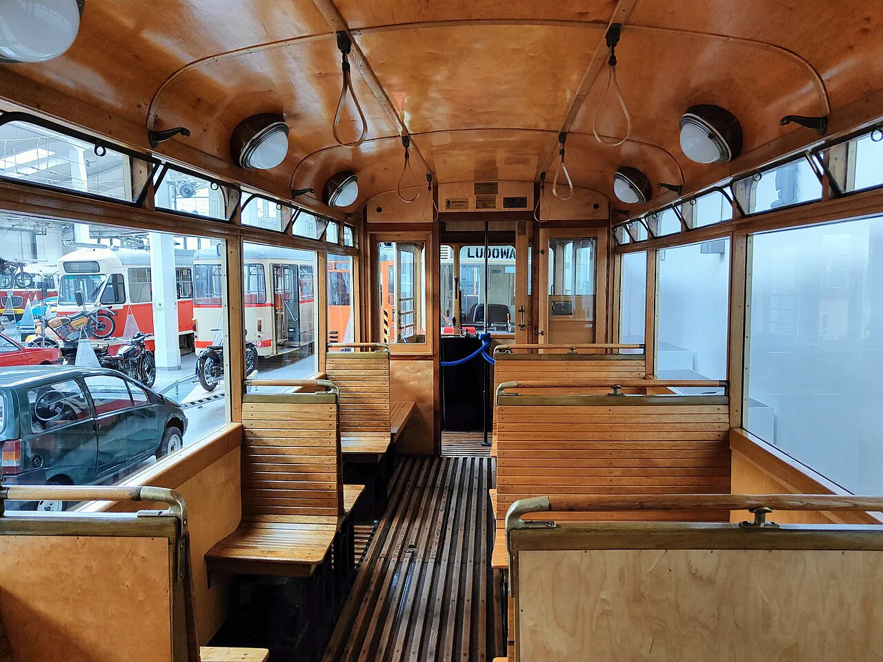 The wooden interior of the Bremen 144 tram at the Museum of Technology and Transport in Szczecin.