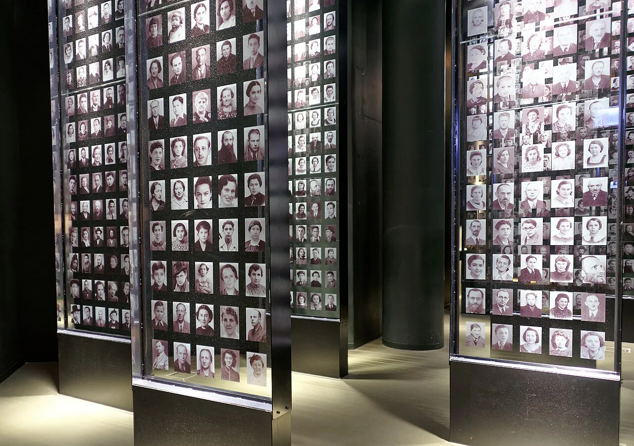 A wall of portraits in the exhibition of the Museum of the Second World War in Gdańsk.