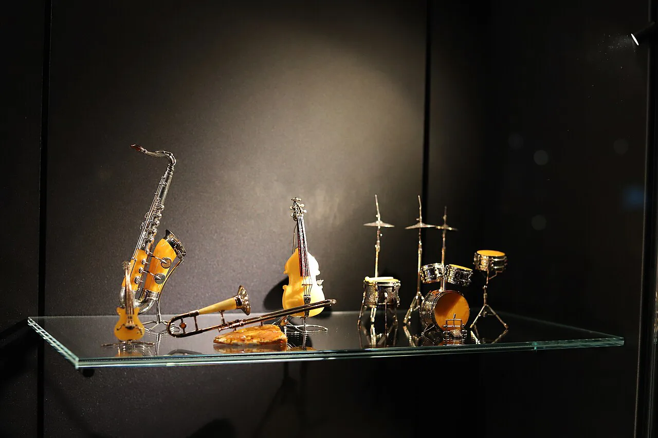 Musical instruments on display in the Amber Museum in Gdańsk.