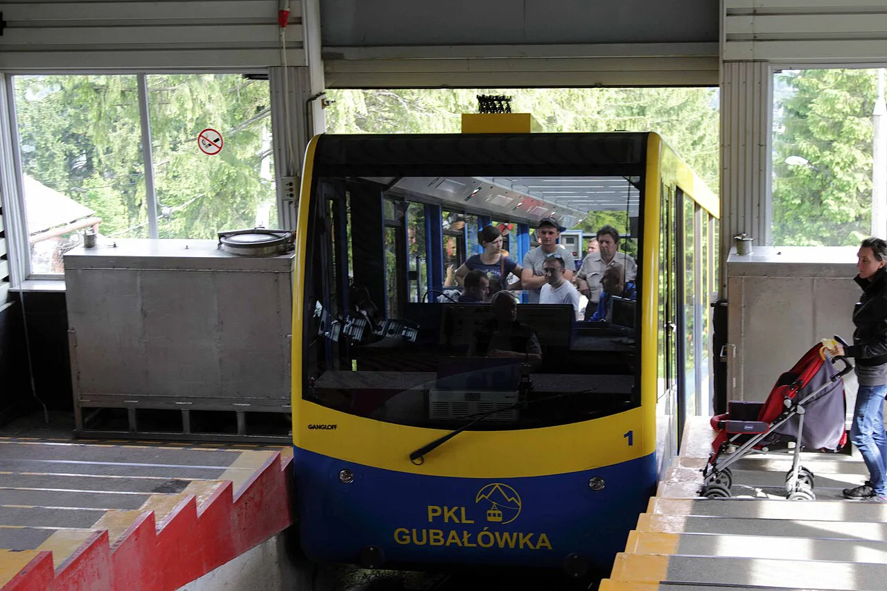 A Gubałówka funicular carriage at the station platform in Zakopane.