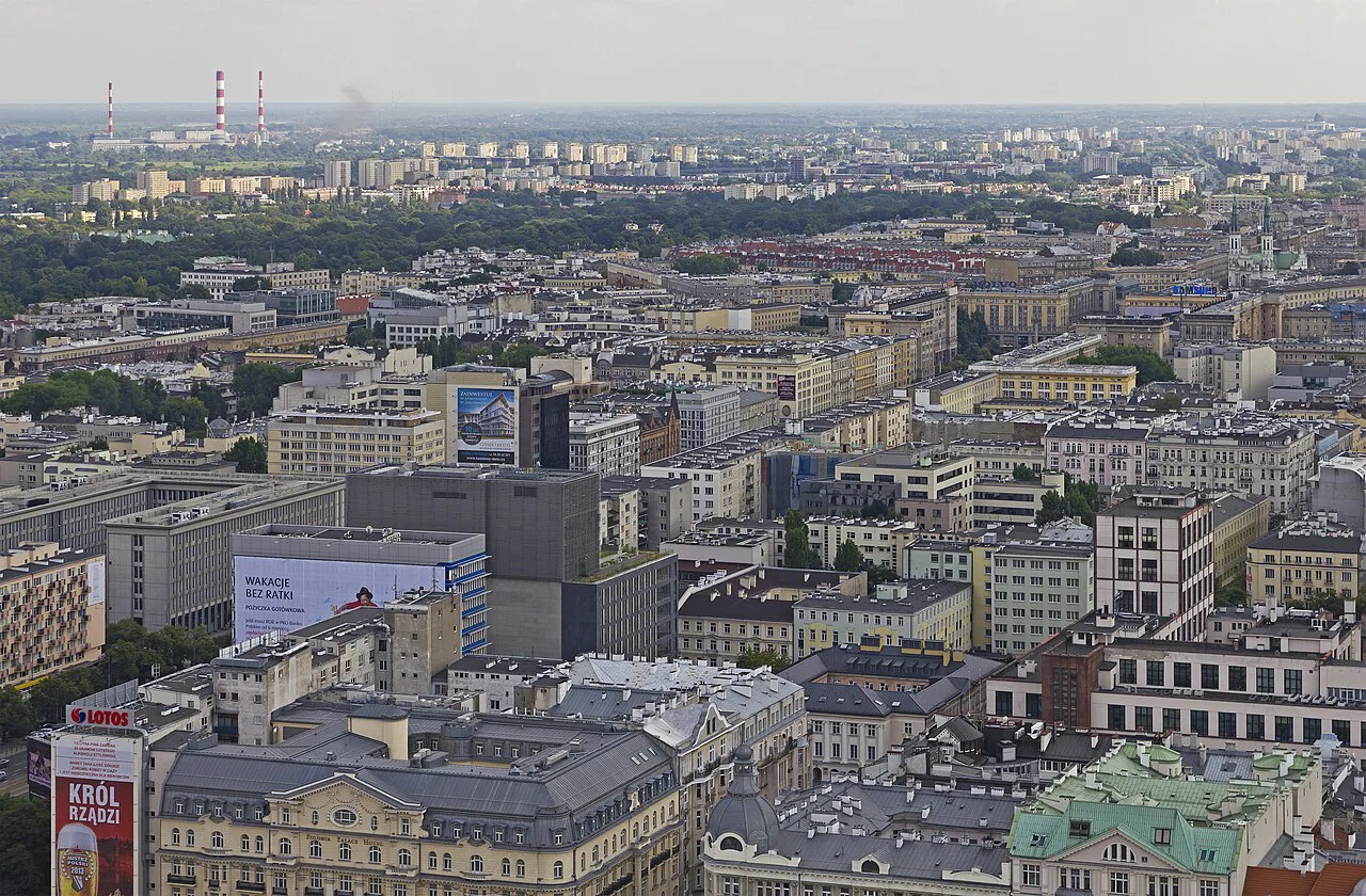 View over Warsaw from the viewing terrace of the Palace of Culture and Science.