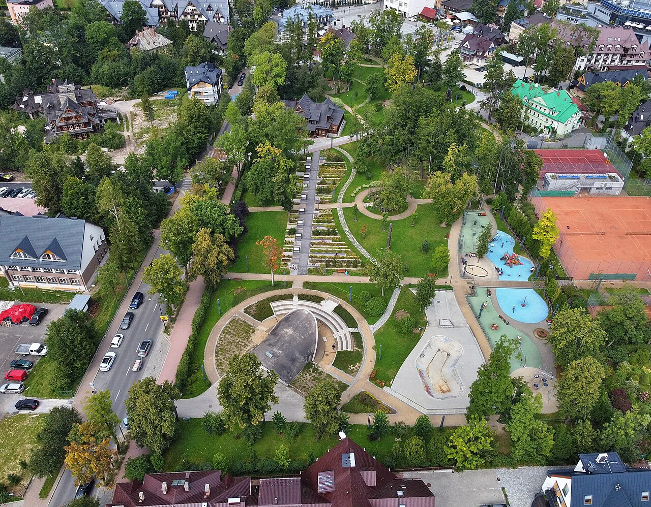Aerial view of Piłsudski City Park in Zakopane.